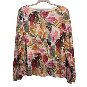 Chico's Long Sleeve Textured Blouse Floral Multicolor Large